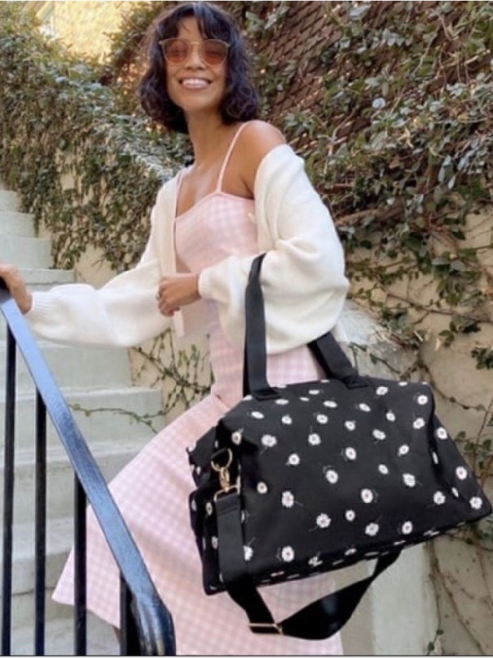 Alice & Olivia Daisy Floral Weekender Duffel Bag Black & White NWT